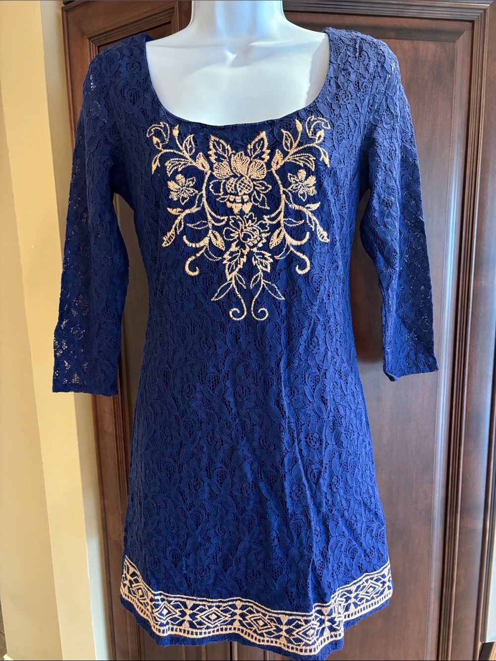 Flying Tomato Navy Blue Lace Tunic with Cream Embroidery